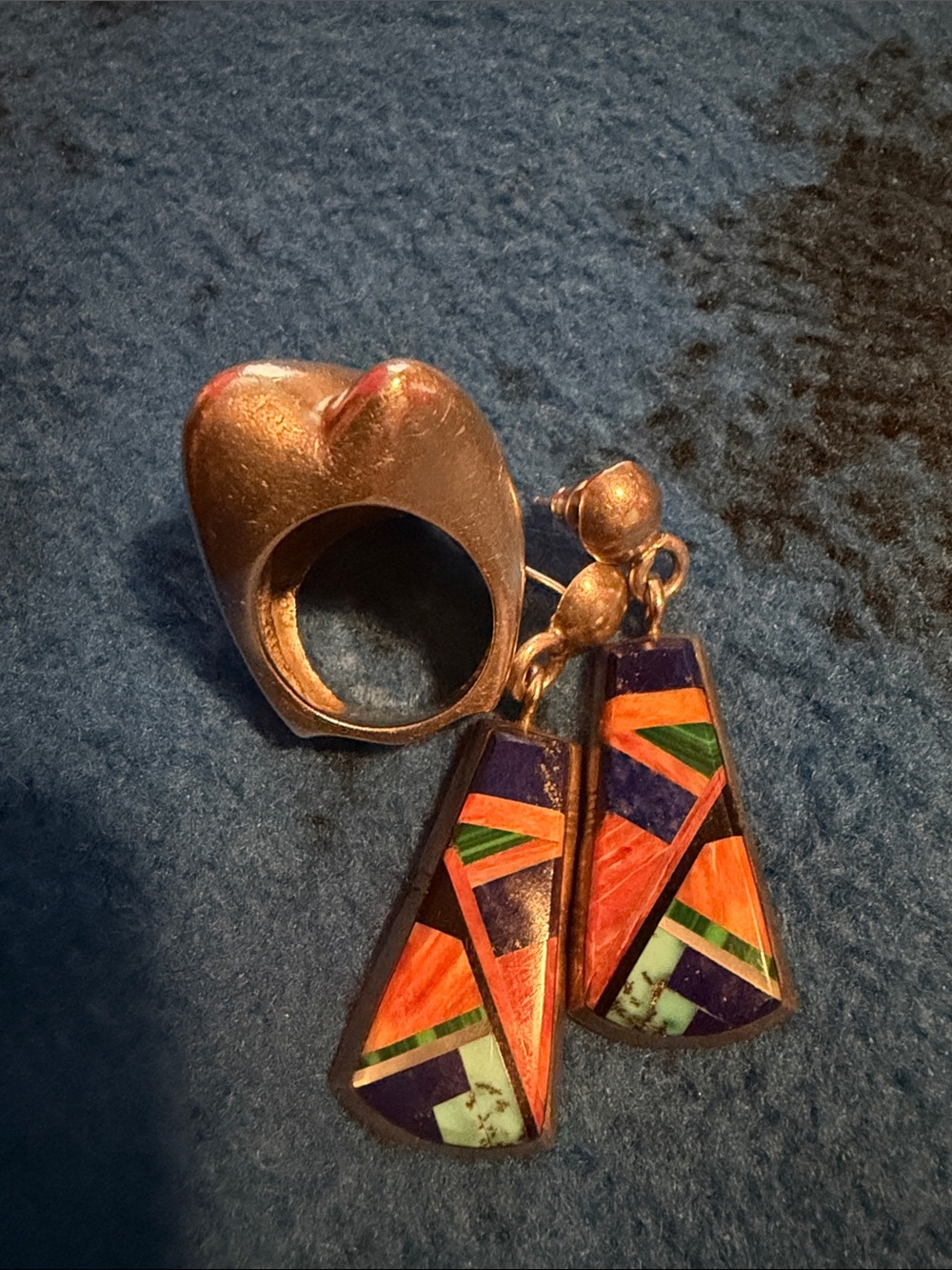 Colorful Inlay Drop Earrings and Statement Ring Set - Orange & Purple Sterling S